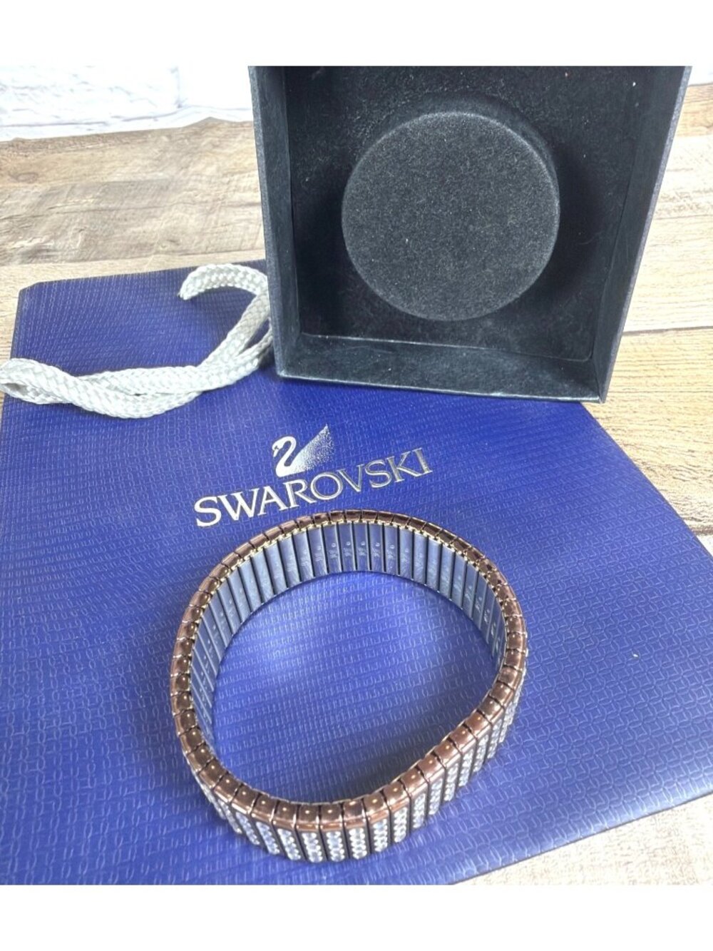 VTG Swarovski Crystal Signed 5 Row Rhinestone Copper Expansion Bracelet Gift Bag - Picture 9 of 16
